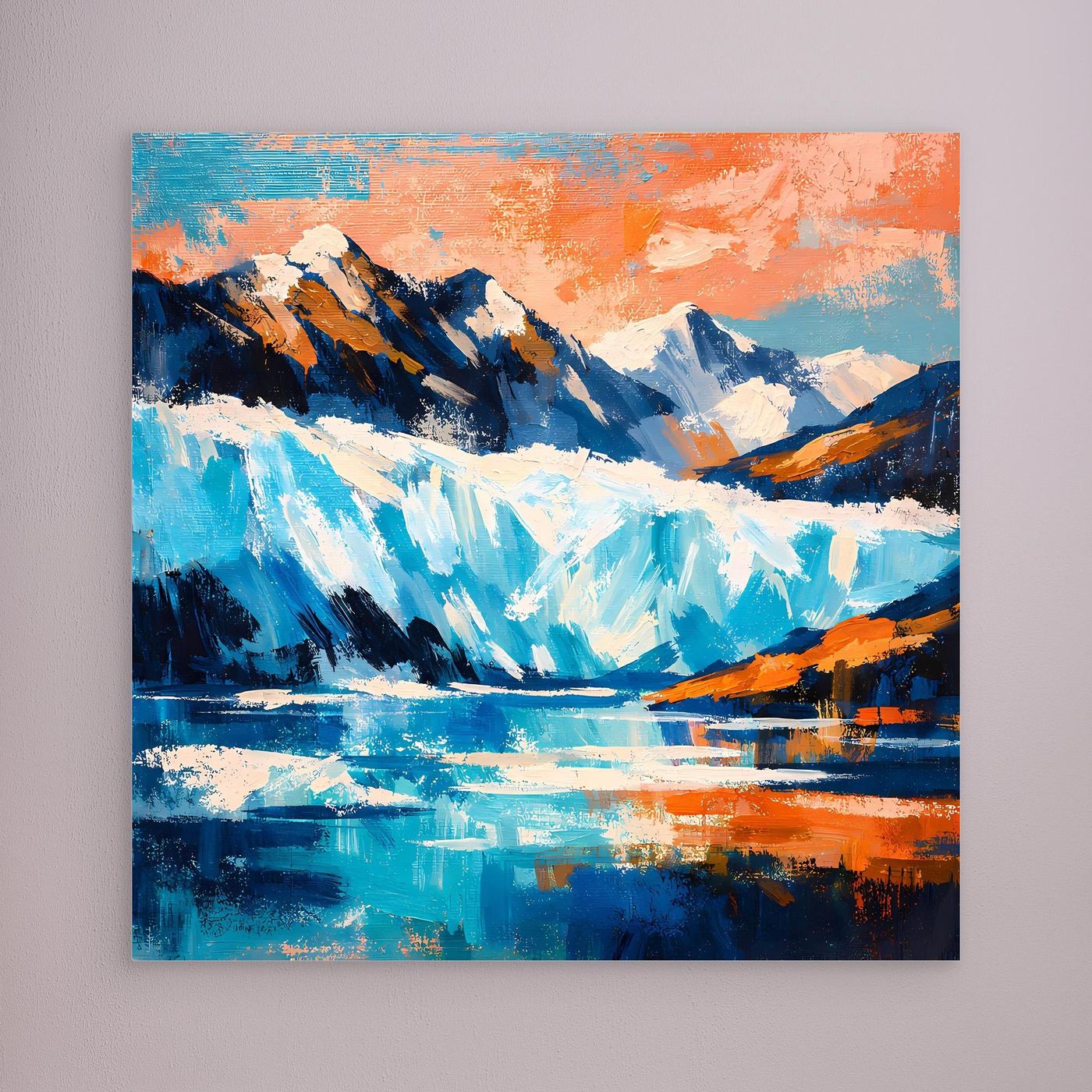 Leinwand-Wandbild mit abstrakter Gletscher- und Berglandschaft in Orange- und Blautönen, ohne sichtbaren Rahmen