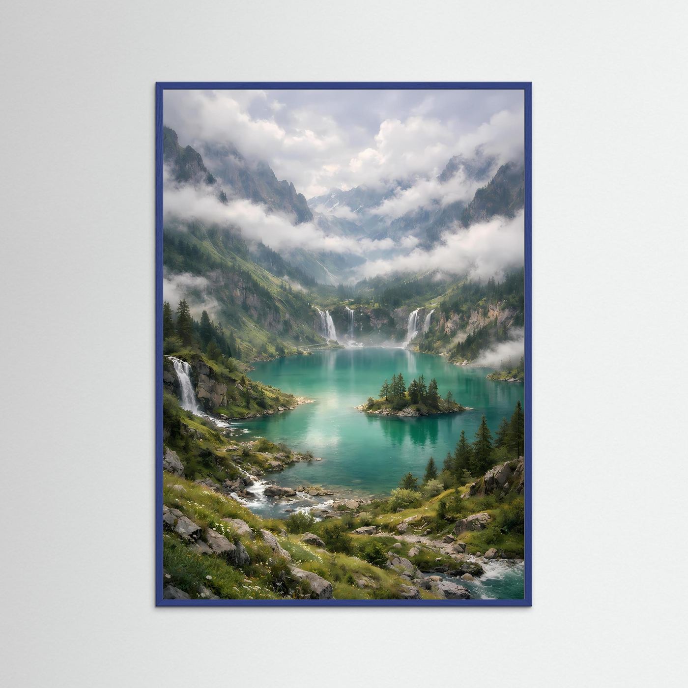 Poster im Hochformat mit türkisgrünem Bergsee und Wasserfall, blauer Rahmen
