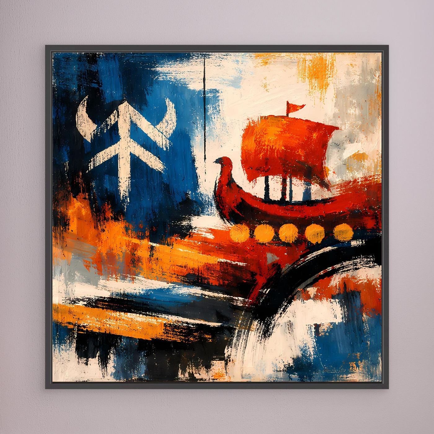 Gerahmtes abstraktes Wikingerschiff-Wandbild in Blau, Rot und Orange mit Pinselstrich-Textur