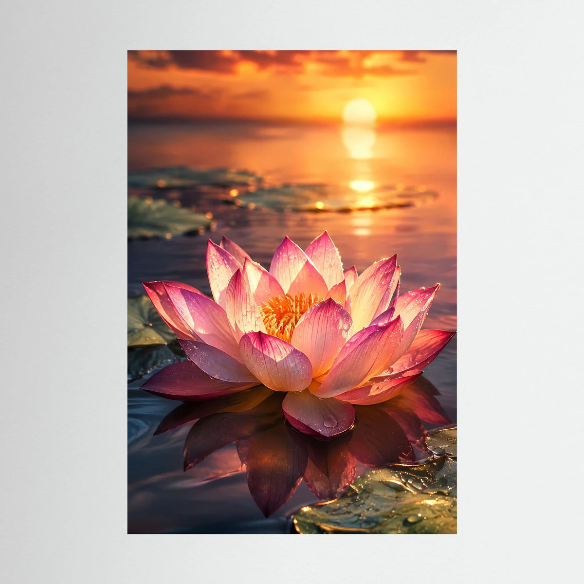 Hochformat-Poster mit rosa Lotusblüte beim Sonnenuntergang
