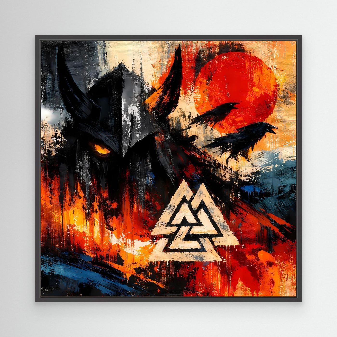 Leinwand-Wandbild mit abstraktem Rabenmotiv und Valknut-Symbol, schwarzer Rahmen