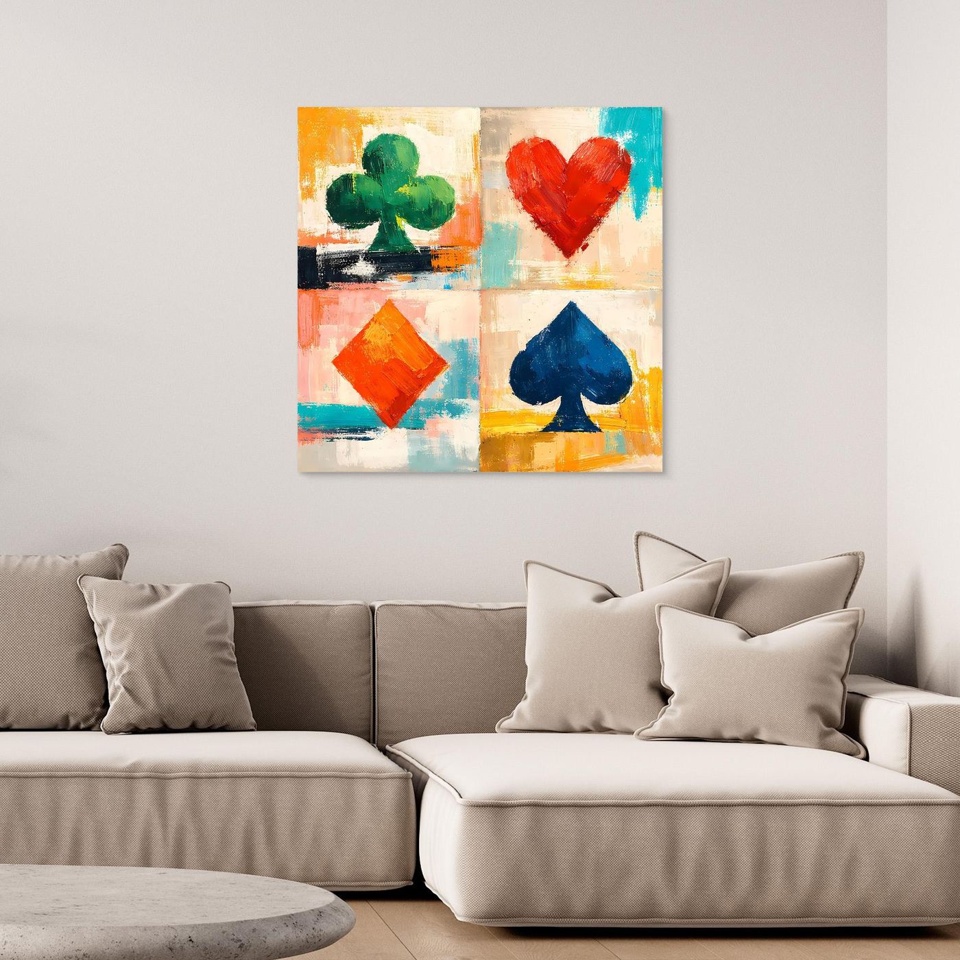 Quadratisches Leinwand-Wandbild mit Spielkarten-Symbolen in Rot, Grün, Blau und Gelb