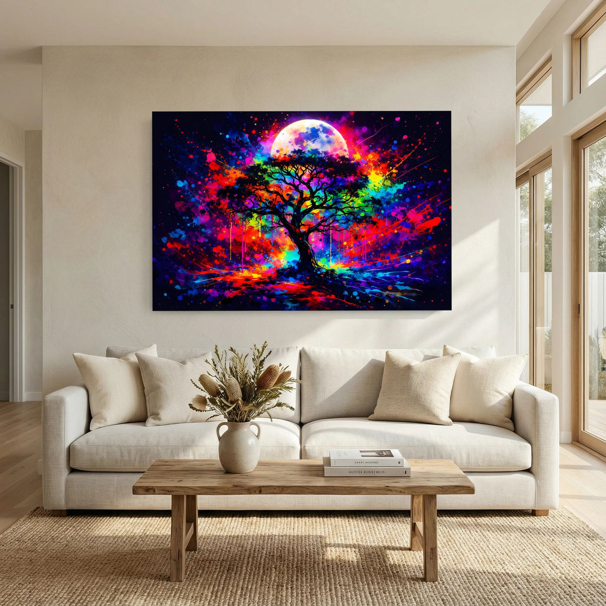Querformatiges Wandbild: buntschillernder Baum unter Vollmond im Neon-Look
