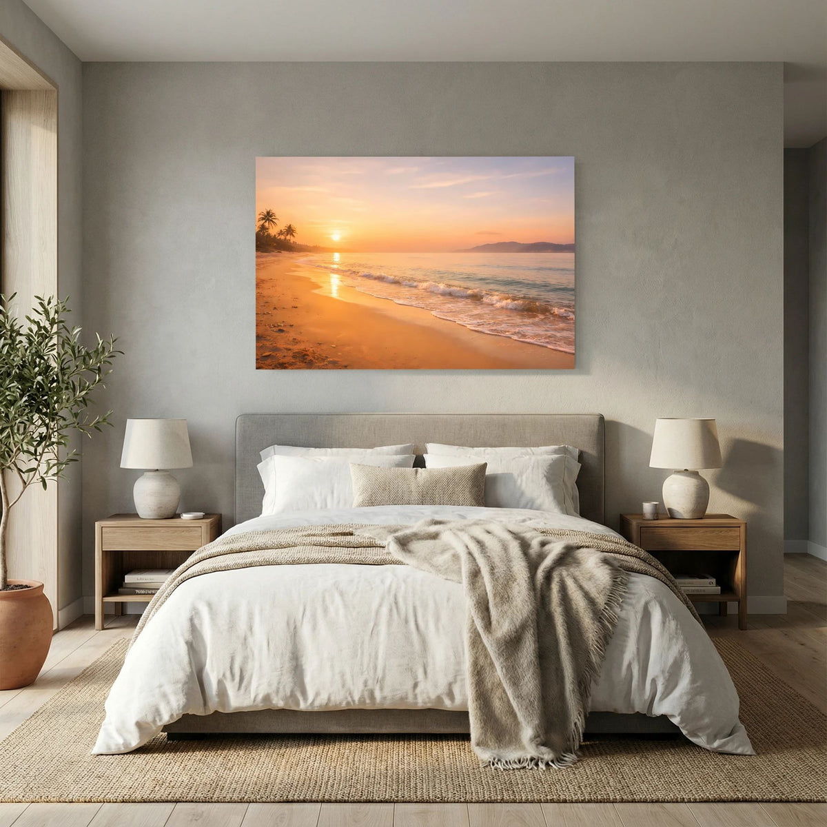 Wandbild Querformat mit Strand bei Sonnenuntergang, sanften Wellen und warmen Farben