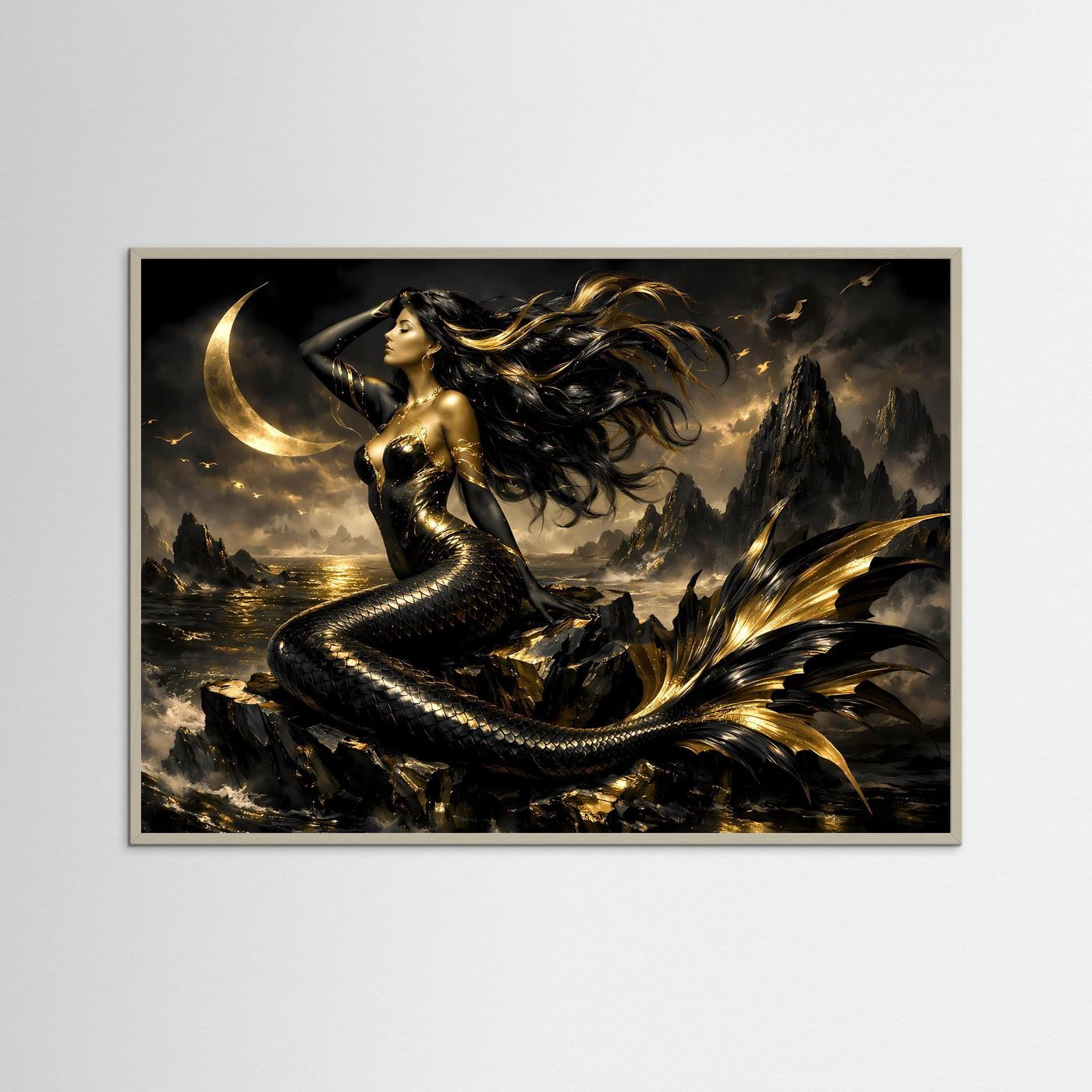 Fantasy-Wandbild mit Meerjungfrau bei Mondschein, heller Holzrahmen