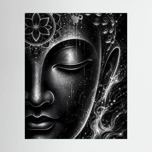 Buddha-Poster im Hochformat, Schwarzweiß-Motiv mit Mandala und Lichteffekten
