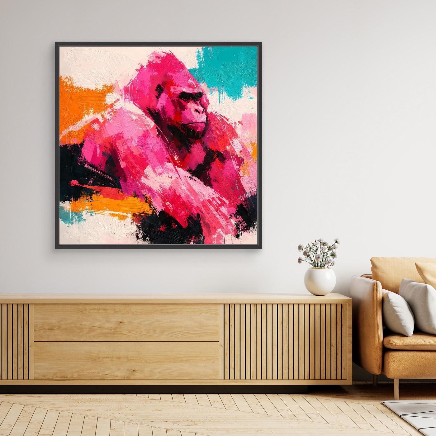 Gerahmtes Leinwandbild mit abstraktem Gorilla im Pop-Art-Look, pink, türkis und orange