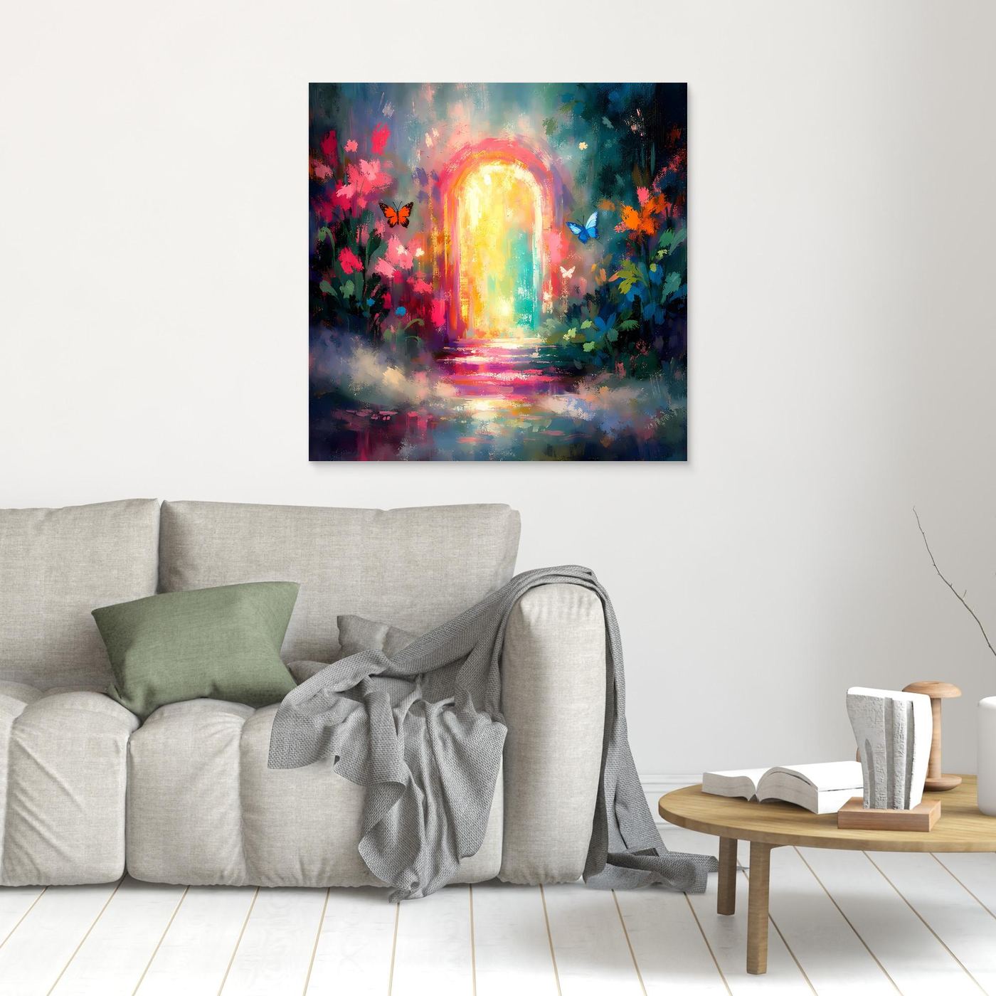 Kleines Leinwand-Wandbild mit Lichtbogen, Regenbogenfarben, Blumen und Schmetterlingen