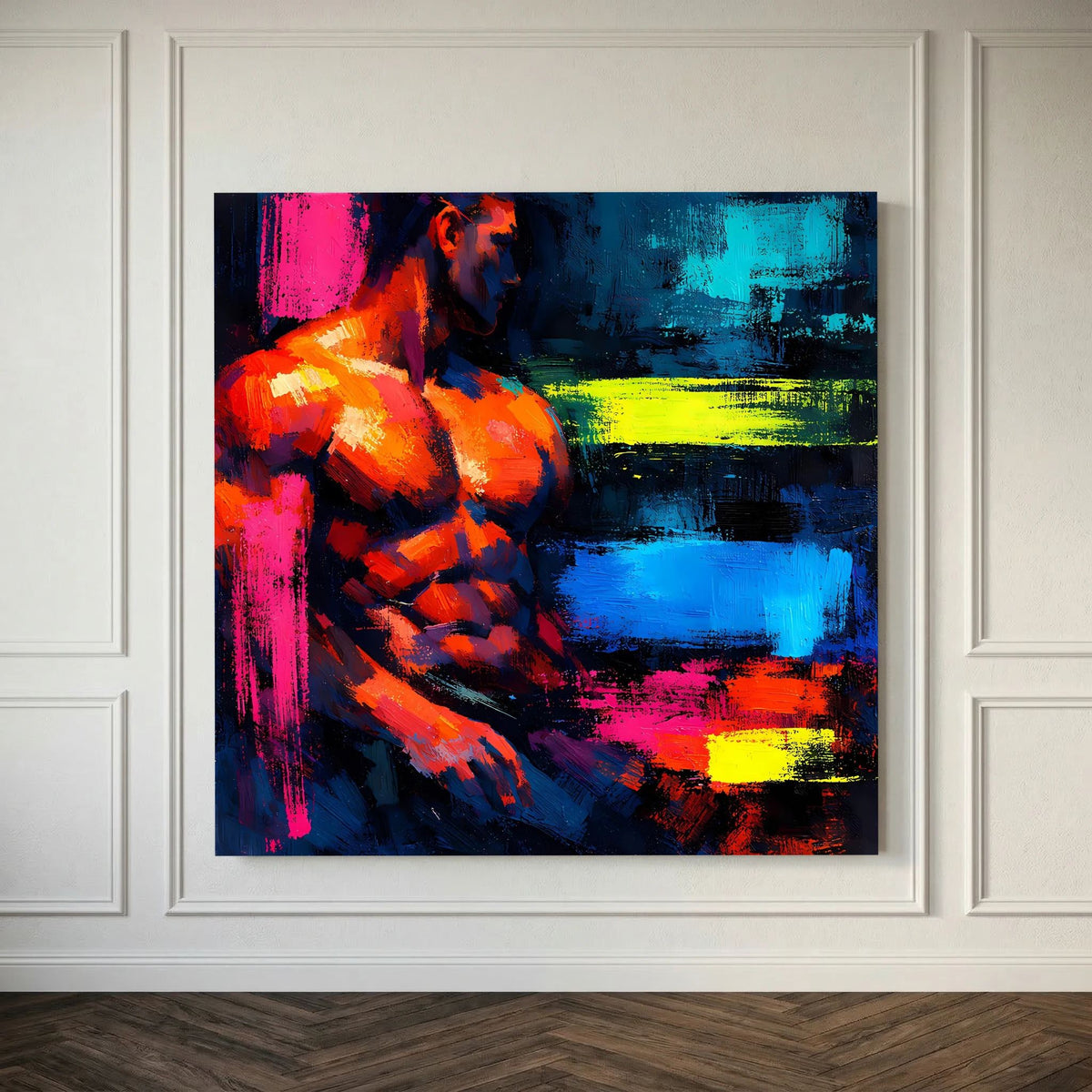 Leinwandbild im Querformat: abstrakter männlicher Torso in Neonfarben, orange/pink, blau und gelbe Streifen