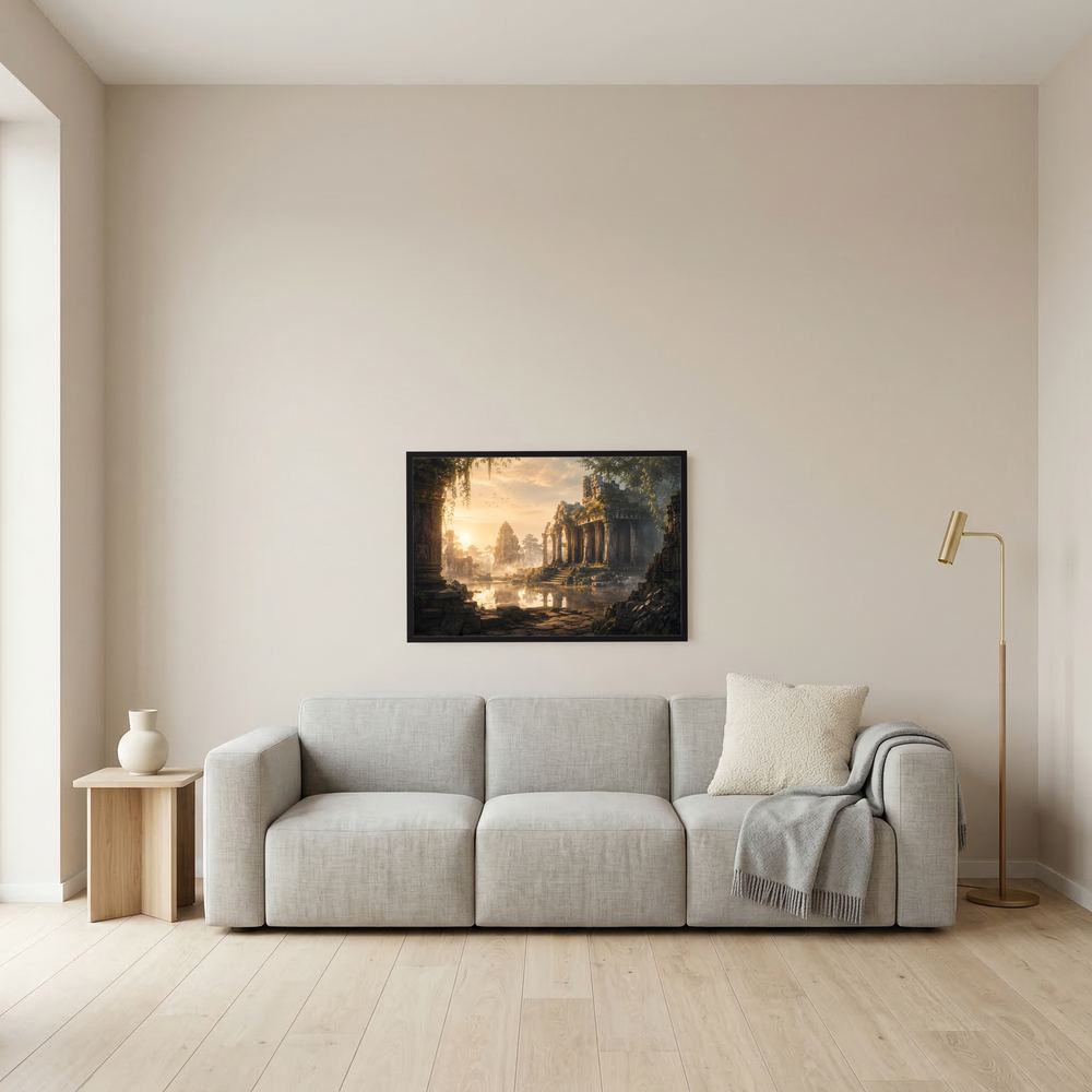 Kleines, gerahmtes Querformat-Poster „Vergessener Tempel“ an der Wand