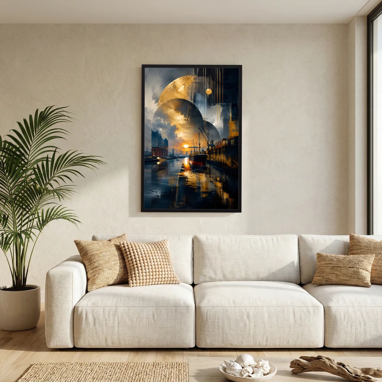 Poster im Hochformat mit abstraktem Hafenmotiv in Gold und Dunkelblau, im Wohnraum gerahmt