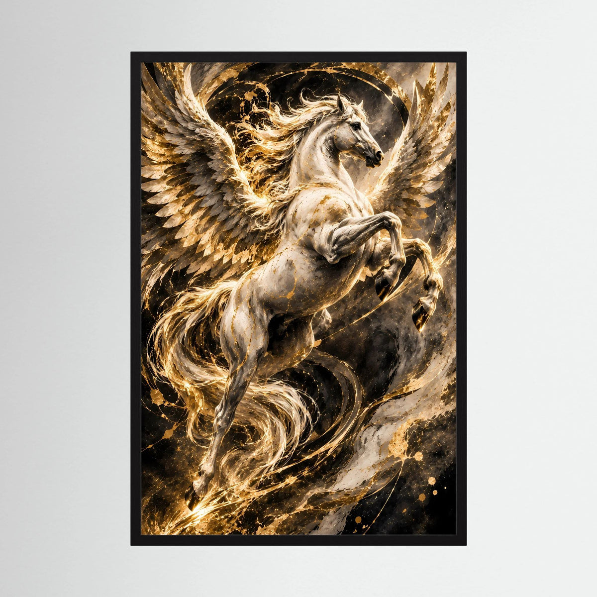 Pegasus-Poster mit Flügeln, im schwarzen Rahmen, helle Federn mit Goldakzenten