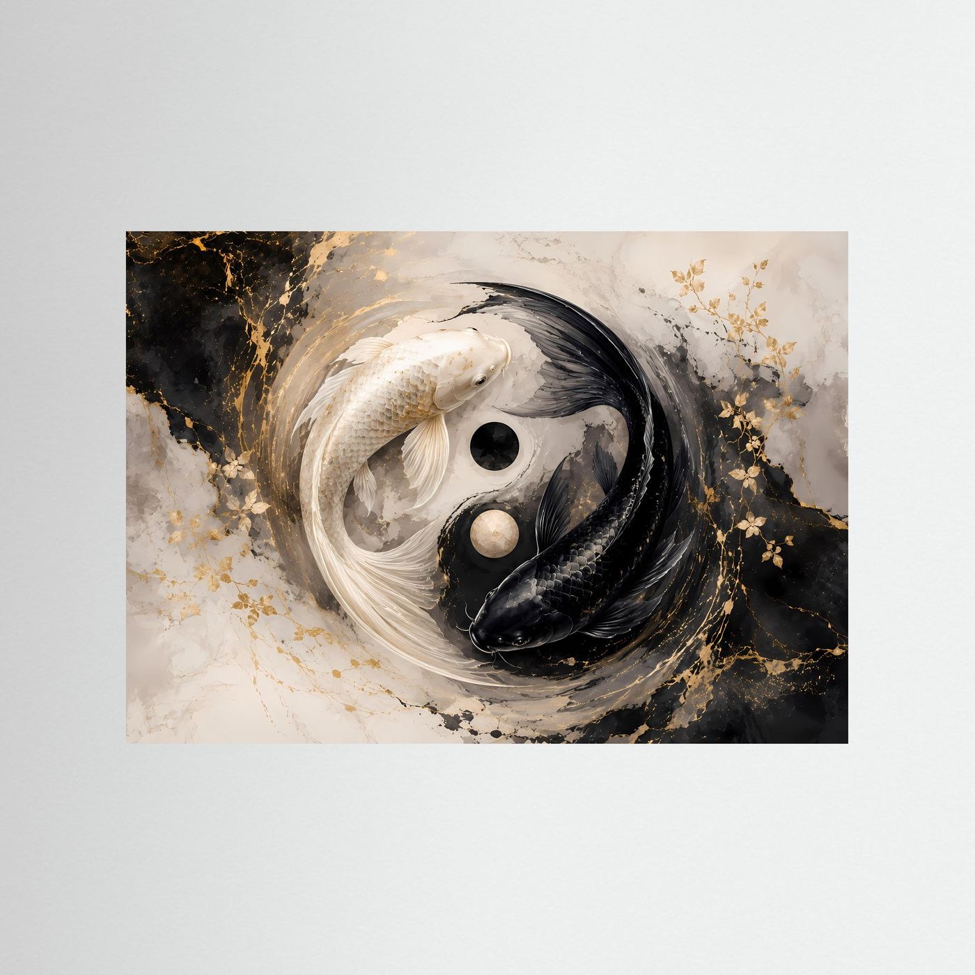 Leinwandbild mit Yin-Yang-Koi: schwarze und weiße Fische, goldene Sprenkel, ohne Rahmen