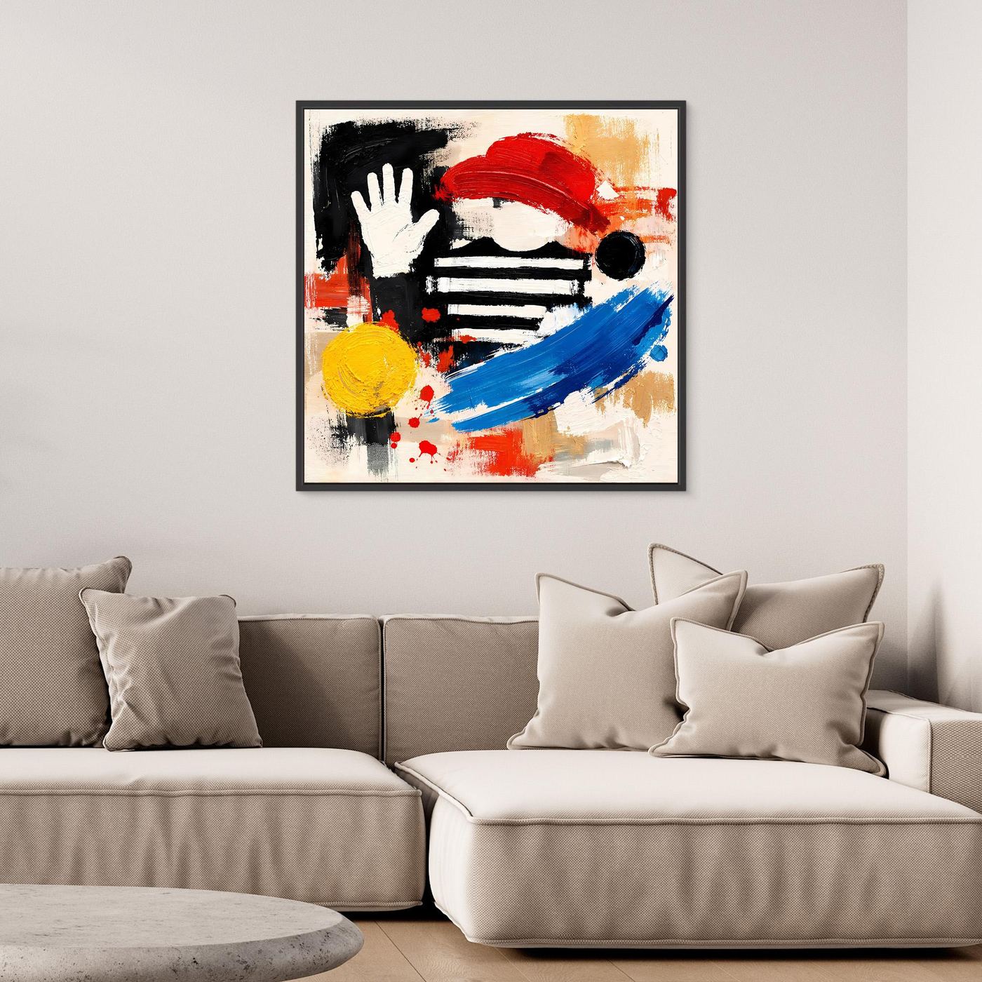 Abstract pop art canvas wall print with hand and stripes in red, blue, yellow, black frame
