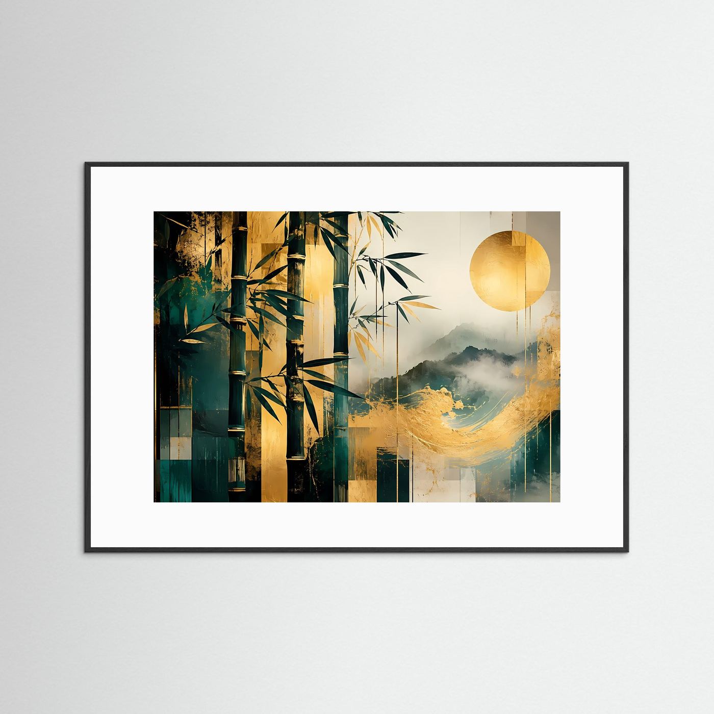 Bambus Gold Poster | Japanische Landschaft Wandbild Modern | Abstrakte Zen Kunst mit Bergen und Sonne