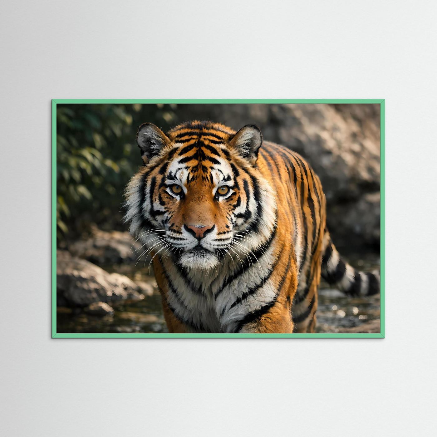 Tiger-Wandbild im Querformat mit grünem Rahmen: Nahansicht eines gestreiften Tigers