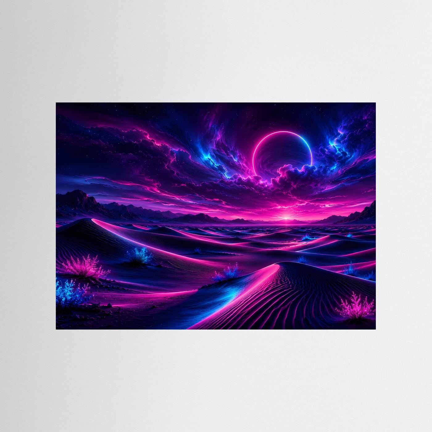 Neon Wüste Poster Querformat | Futuristische Landschaft in Pink & Blau | Cyberpunk Sci-Fi Wandbild