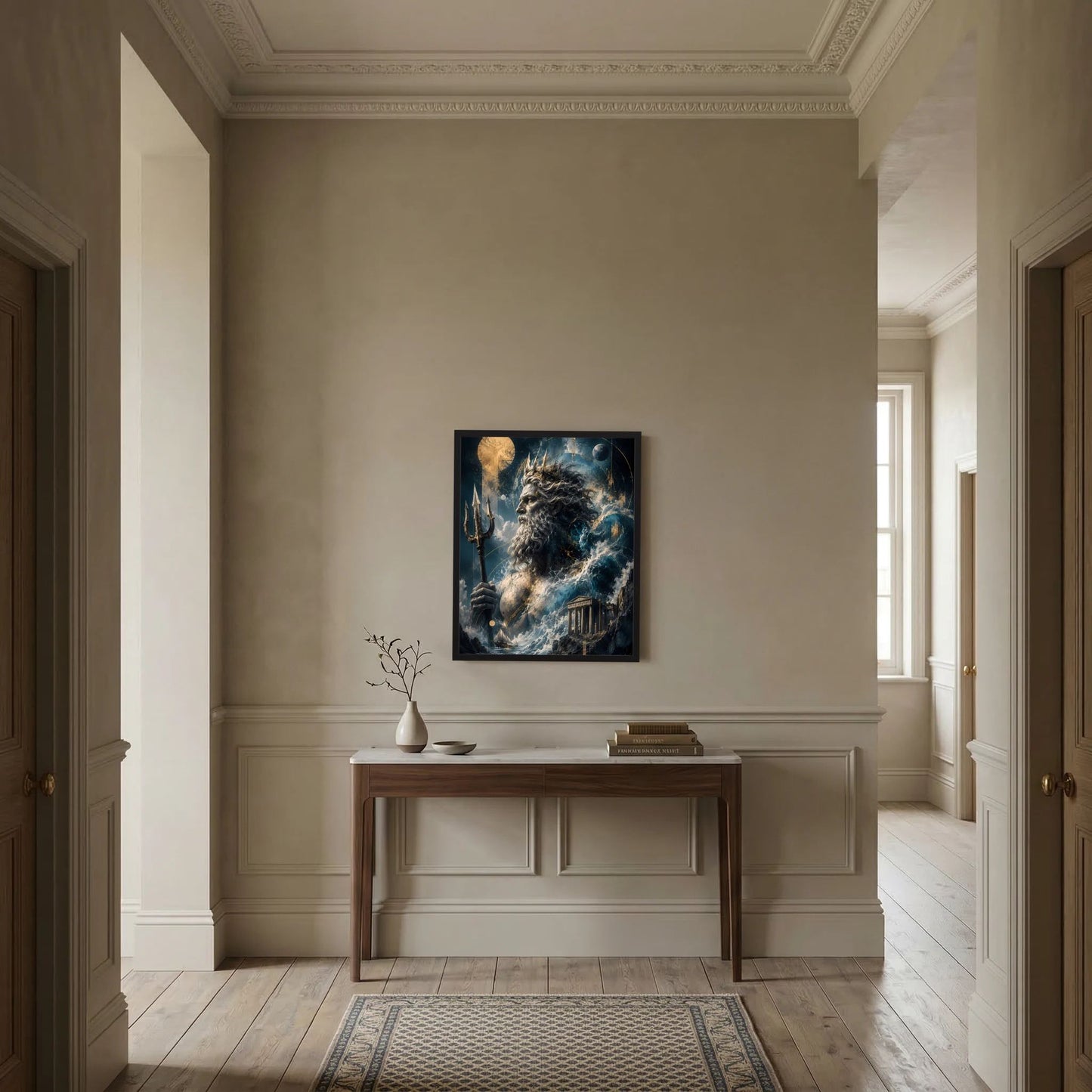 Hochformat-Poster mit Poseidon, Dreizack und Wellen, im dunklen Rahmen
