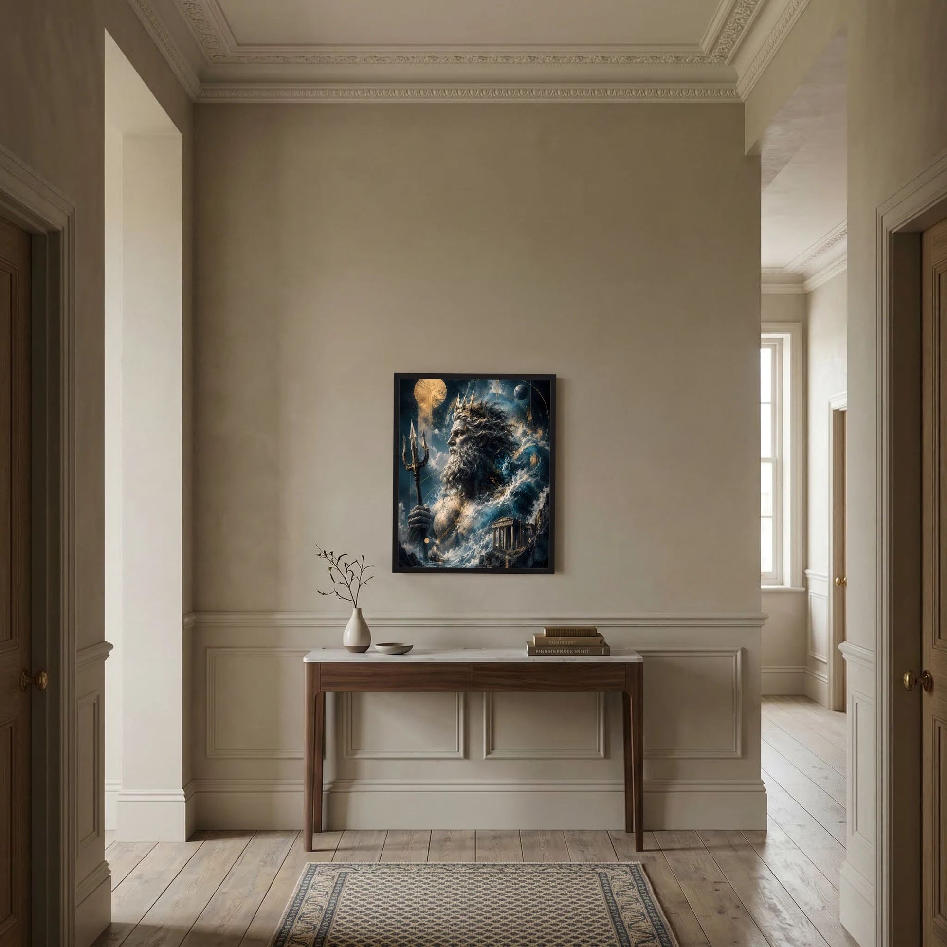 Hochformat-Poster mit Poseidon, Dreizack und Wellen, im dunklen Rahmen