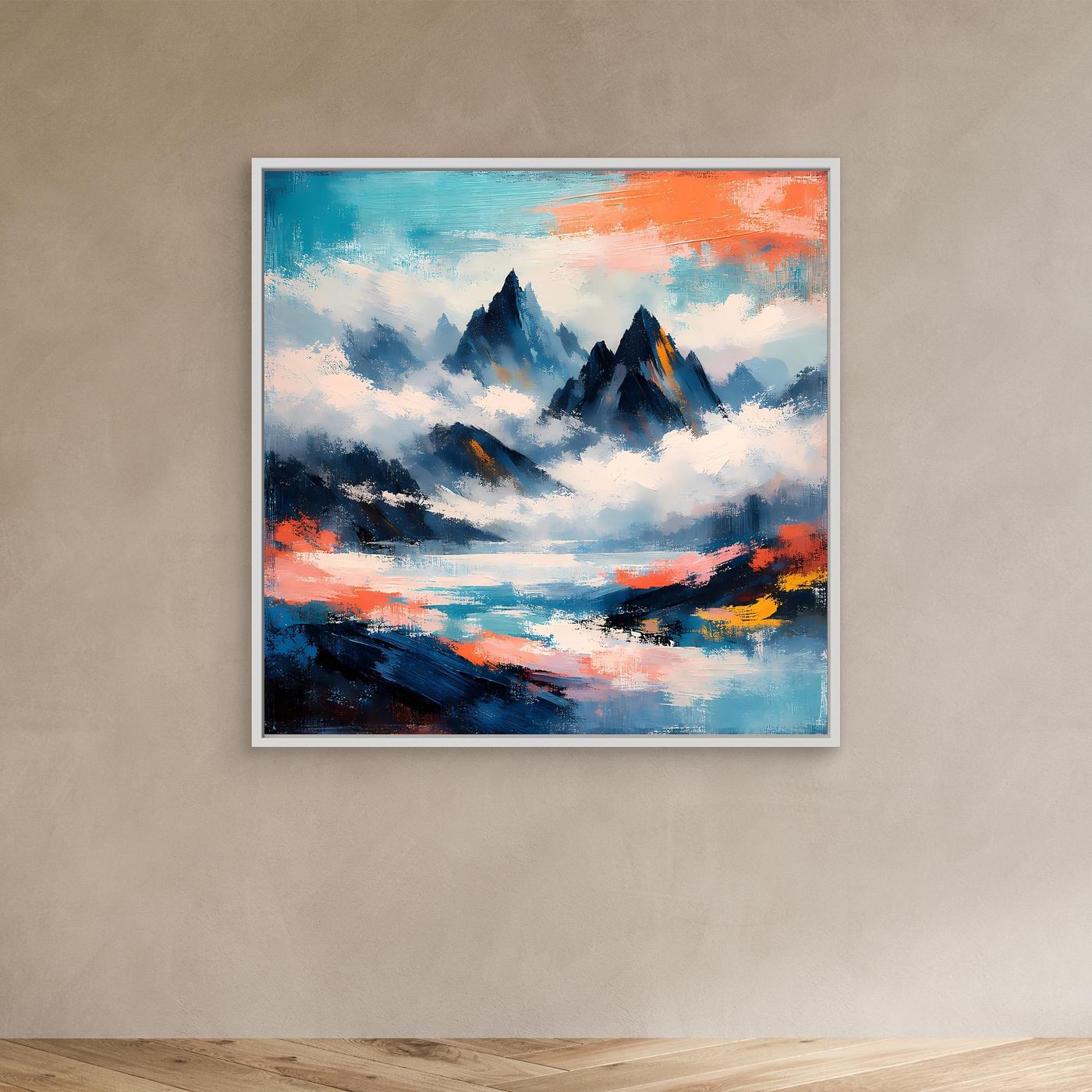 Wandbild mit abstrakten Berggipfeln im Nebelmeer, blau-orangefarbene Pinselstruktur, weißer Rahmen