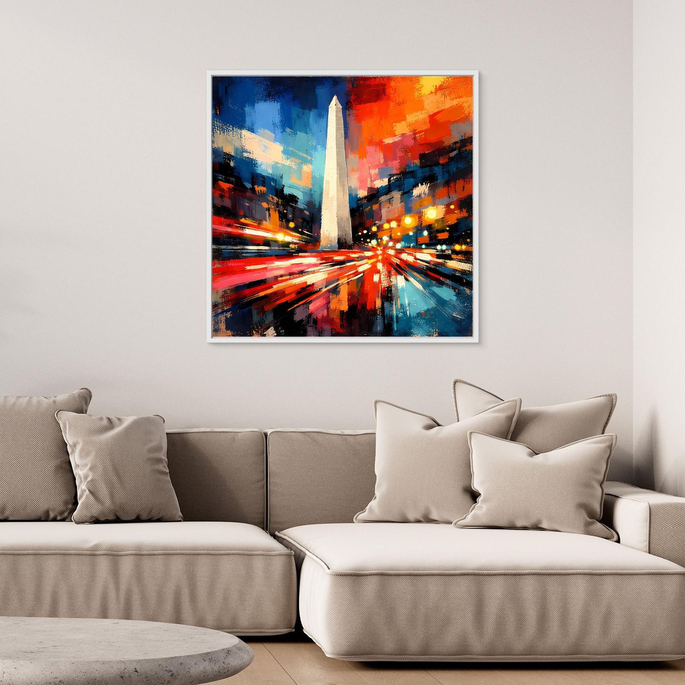 Quadratisches Leinwand-Wandbild mit abstraktem Obelisk und hellem Rahmen