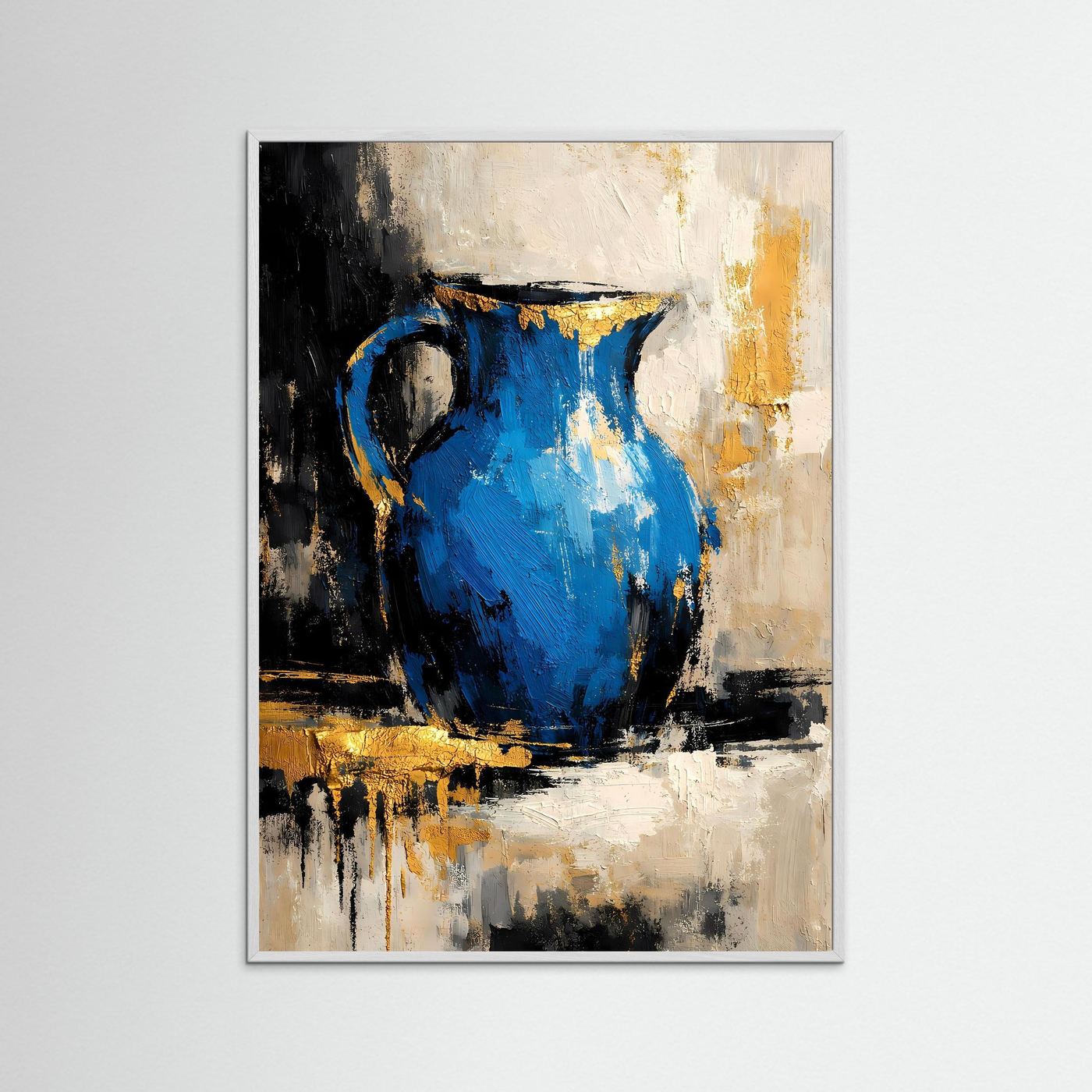 Kunstposter mit abstraktem Krug in Azurblau, Cremeweiß und Gold, silberner Rahmen