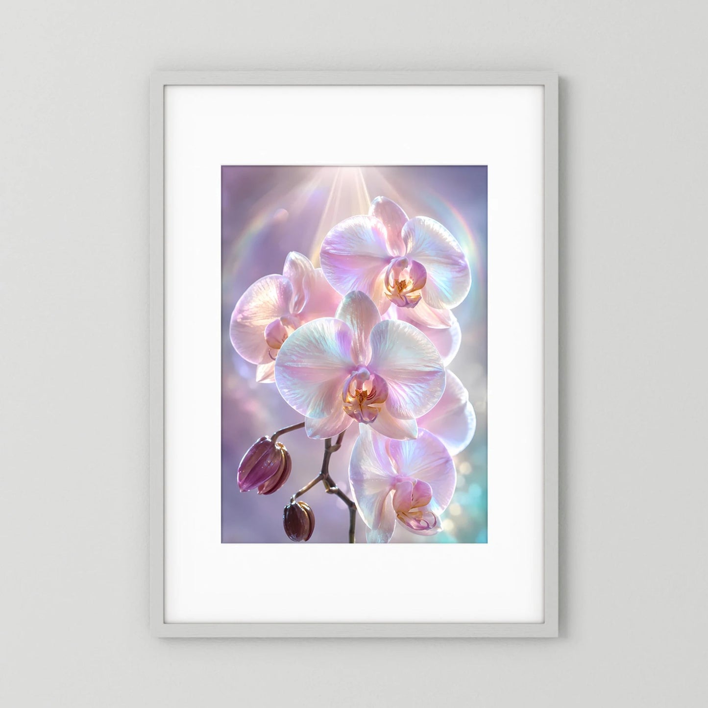 Kunstposter mit schimmernden Orchideenblüten in Rosa und Perlmutt, weiß gerahmt