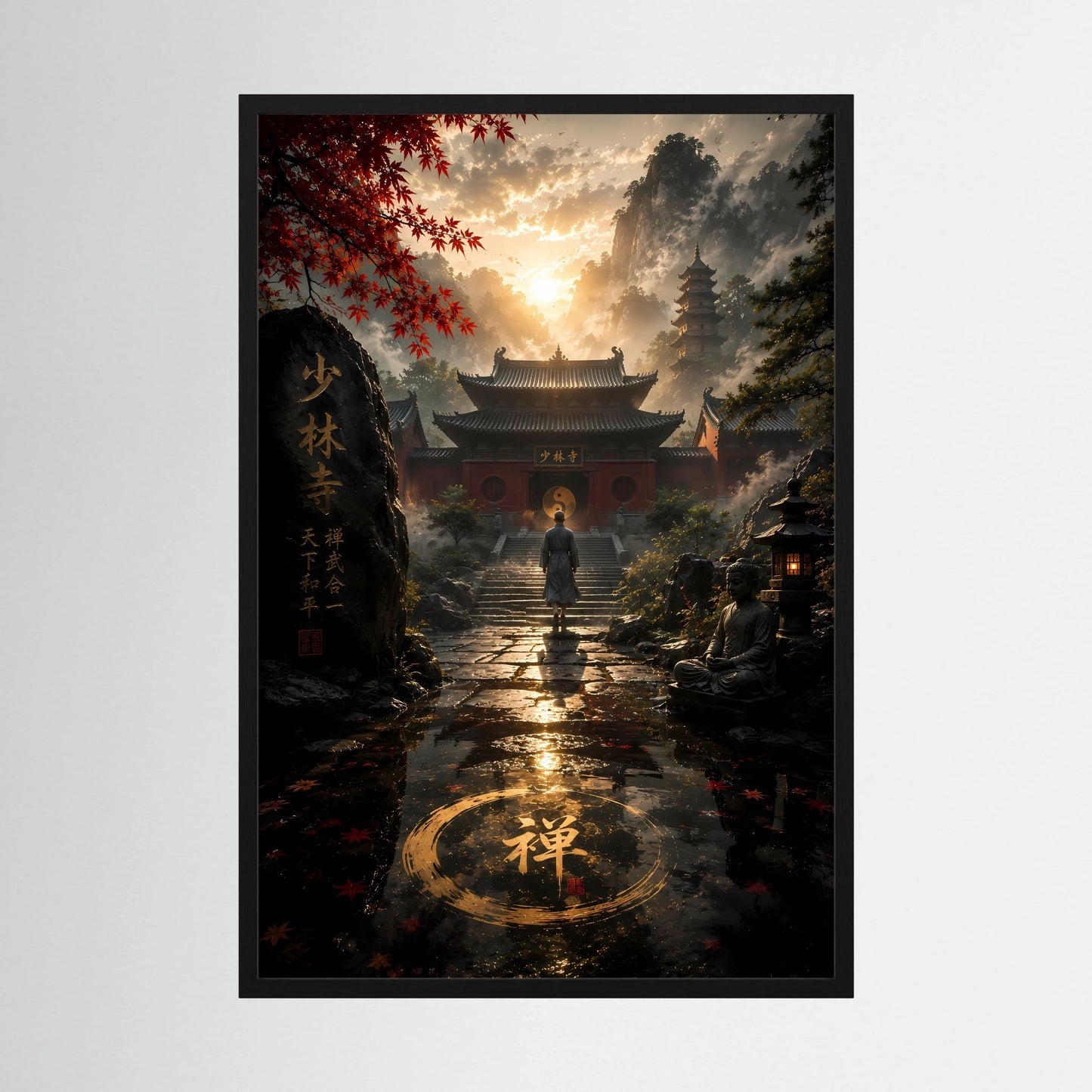 Vertikales Tempel-Poster mit schwarzem Rahmen: Mönch auf dem Weg vor dem Tempeltor