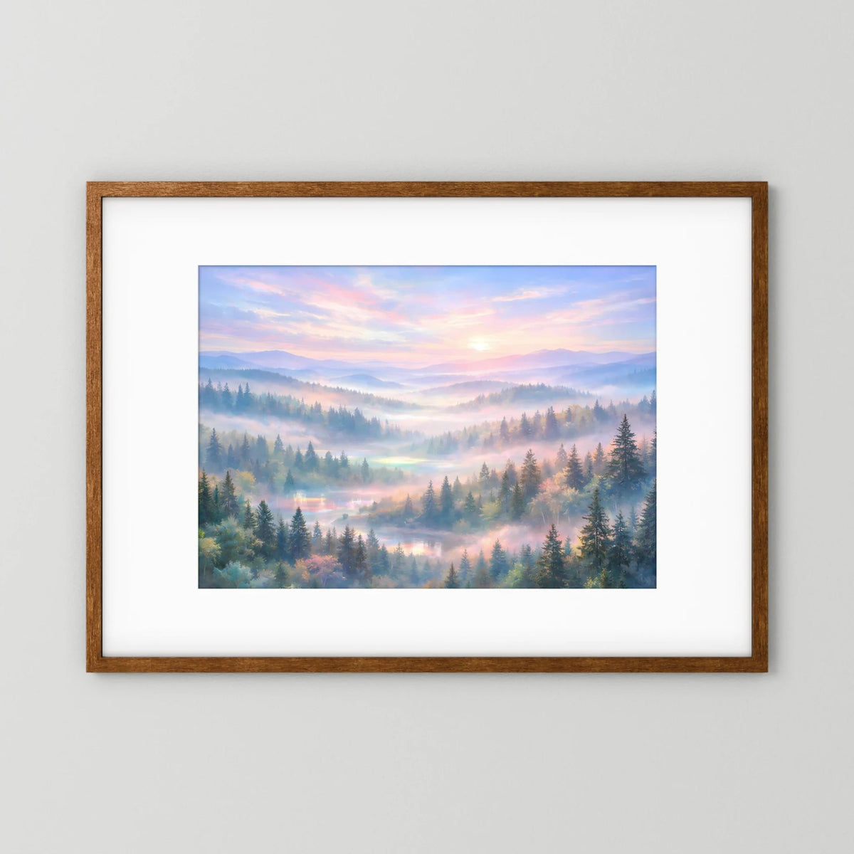Wandposter querformat mit Waldlandschaft im Morgendunst, Holzrahmen in Braun