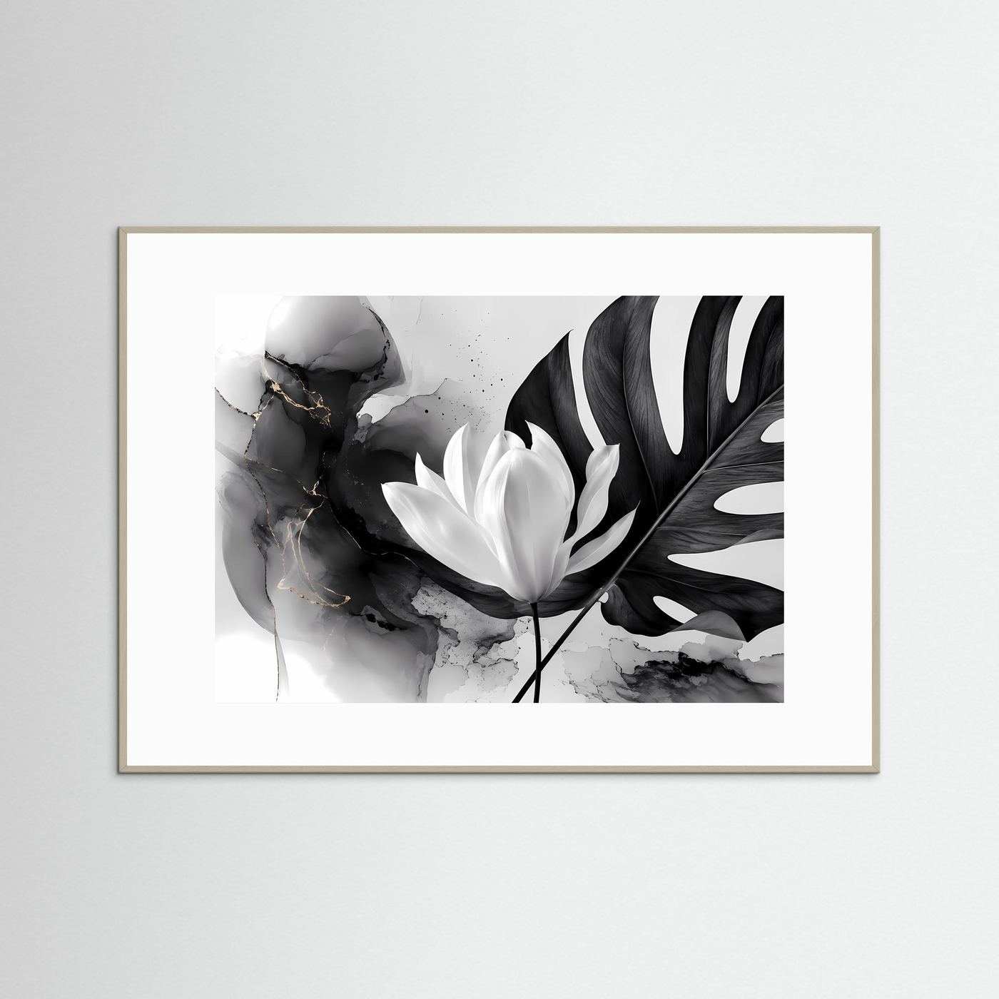 Schwarz Weiß Lotus Poster | Monstera Botanical Wandkunst | Minimalistische Blumen Kunst | Moderne Leinwand | Monochrome Natur mit Goldakzenten