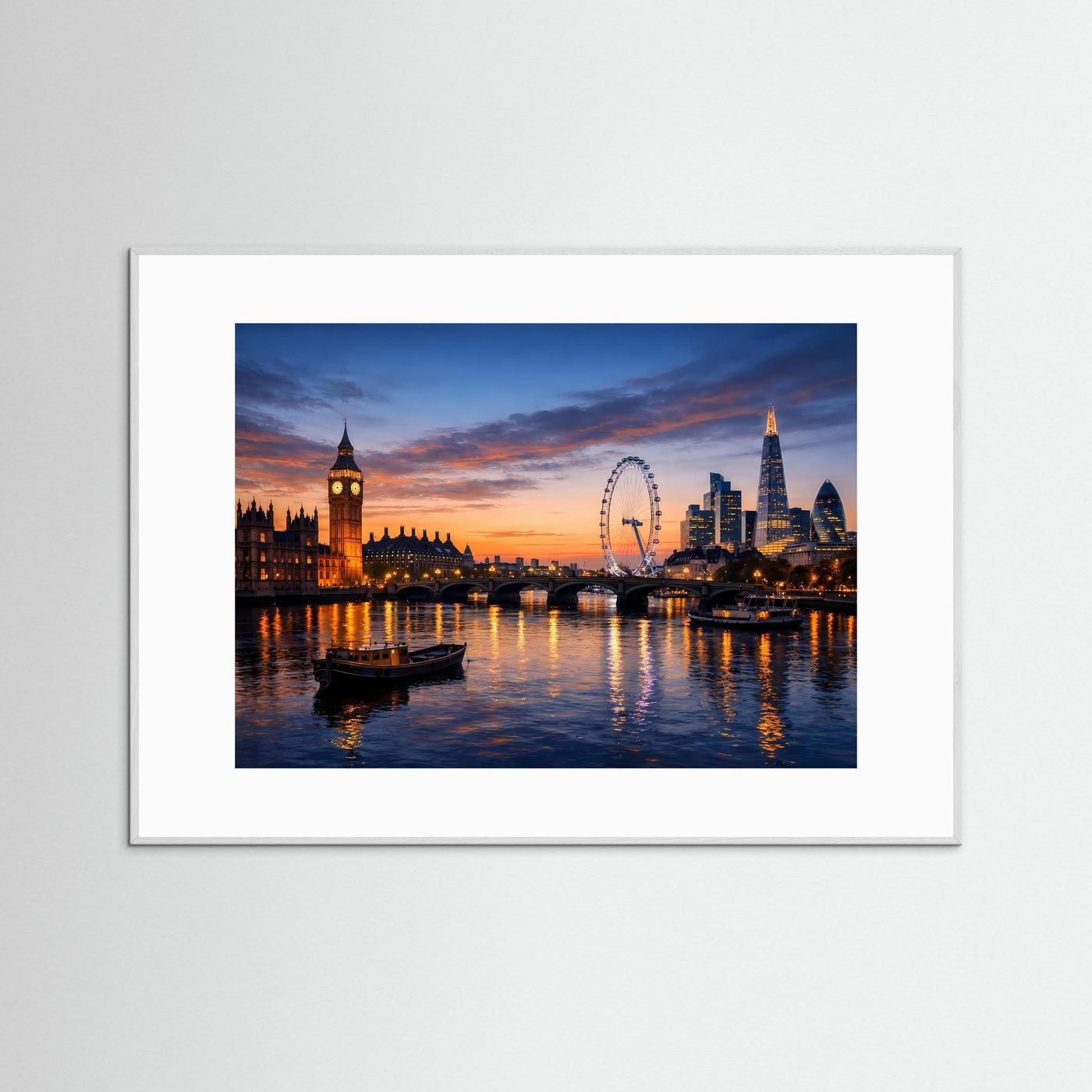 Gerahmtes Poster mit hellem Rahmen und weißem Rand: London Skyline bei Sonnenuntergang