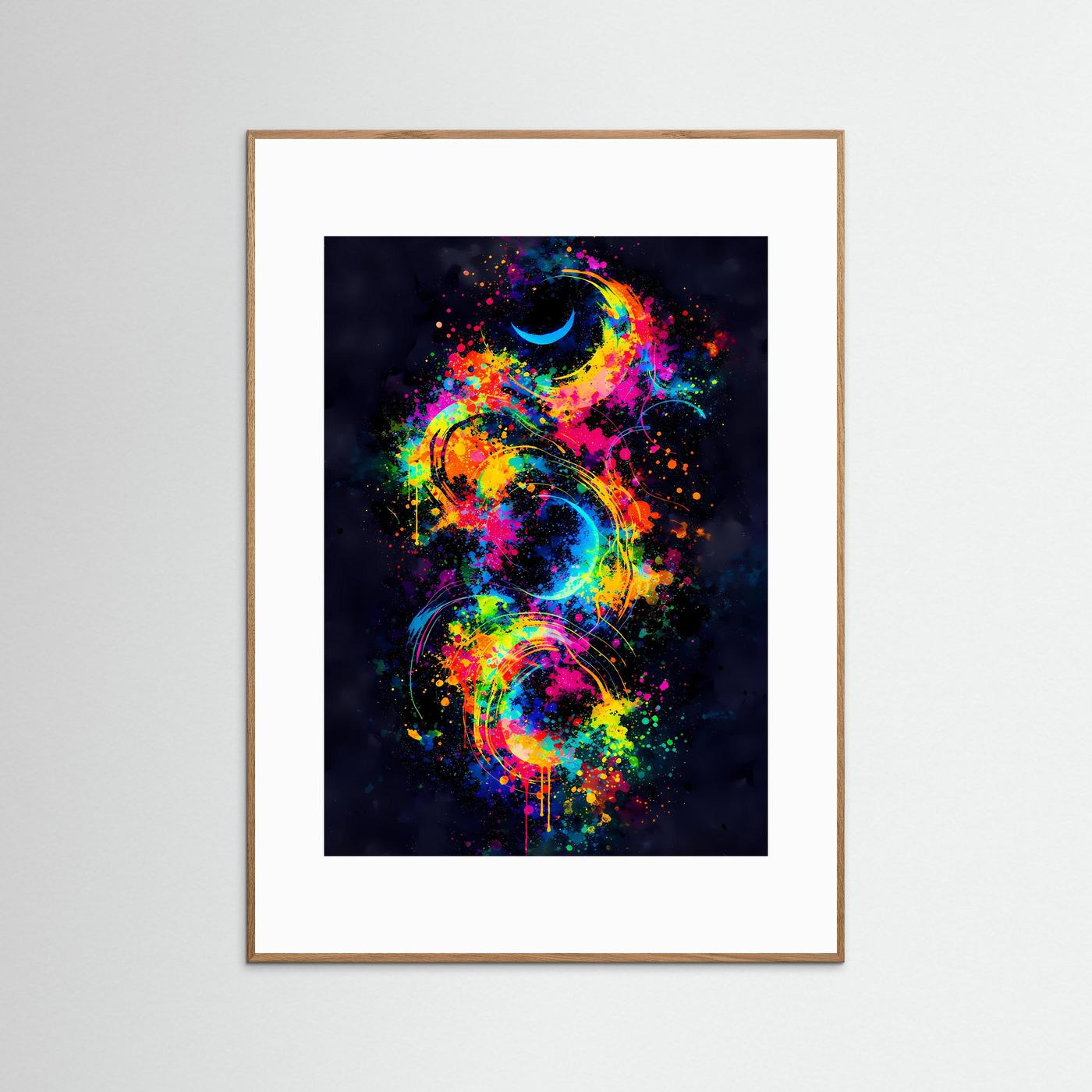 Kosmische Zyklen | Abstraktes Mond & Galaxie Poster in bunten Neonfarben | Modernes Kunstposter Hochformat