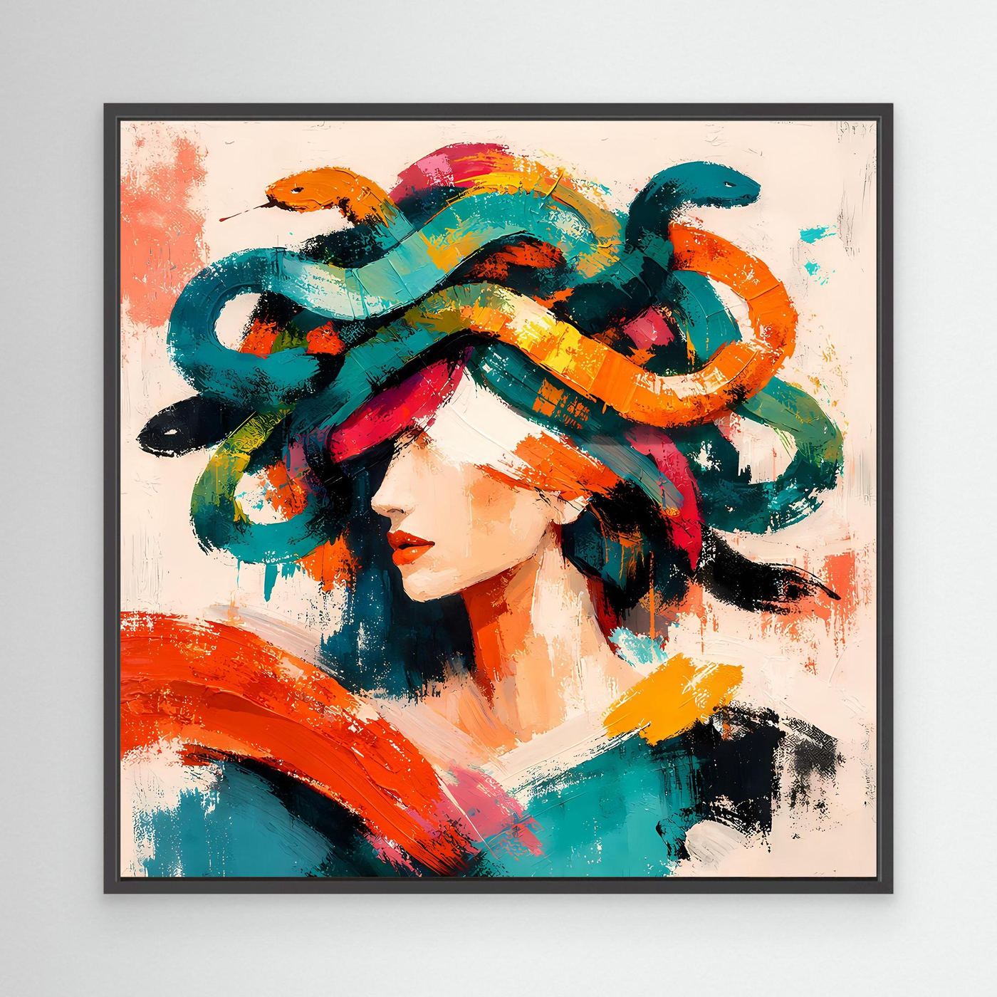 Leinwandbild im schwarzen Rahmen mit Pop-Art-Porträt einer Frau und bunten Medusen-Schlangen