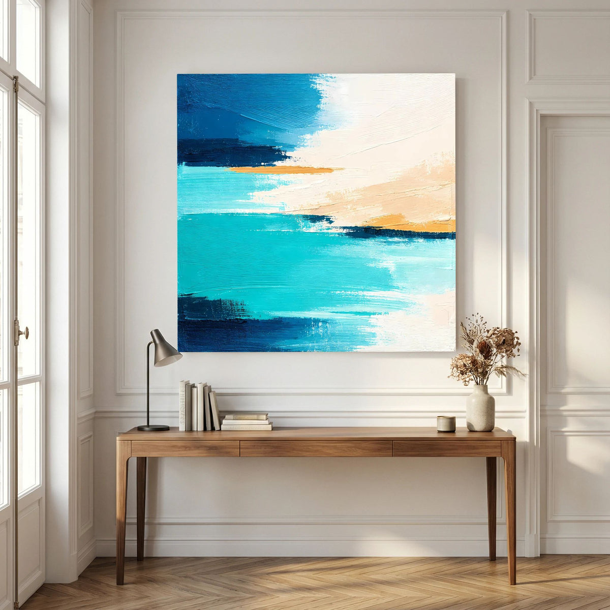 Abstraktes Leinwand-Wandbild Türkis und Beige mit Pinselstrich-Optik, quadratisch, hellem Rand