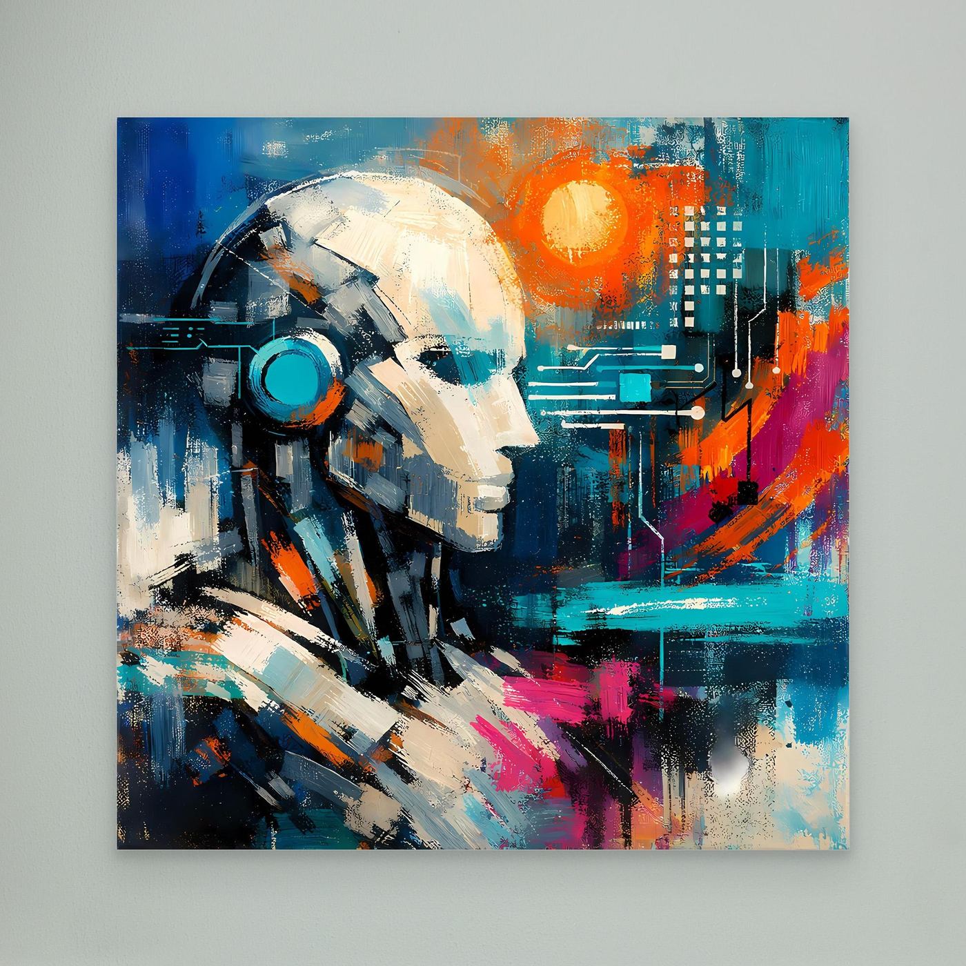 Abstract canvas print of robotic face, blue and orange digital circuitry and brush textures