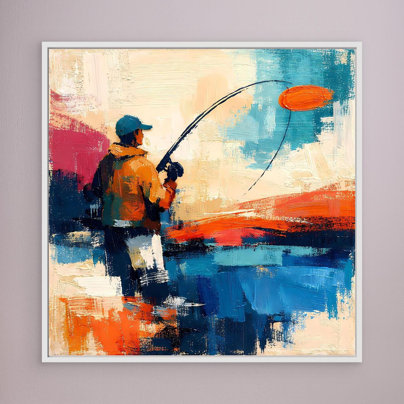 Abstract canvas wall art with an angler holding a fishing rod; orange, blue, and red; white frame.