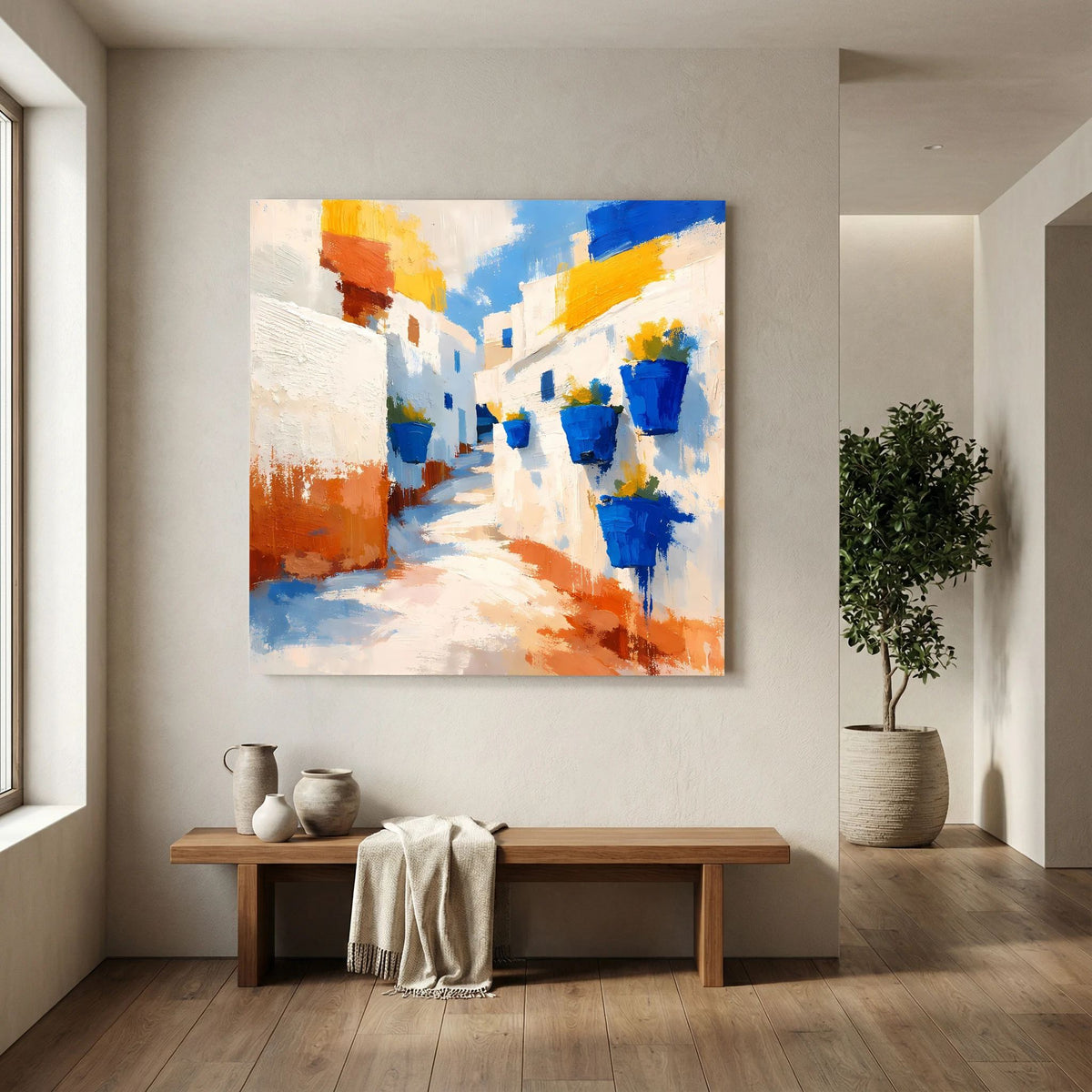 Abstraktes Leinwand-Wandbild: perspektivische Gasse mit blauen Töpfen, Orange und Gelb