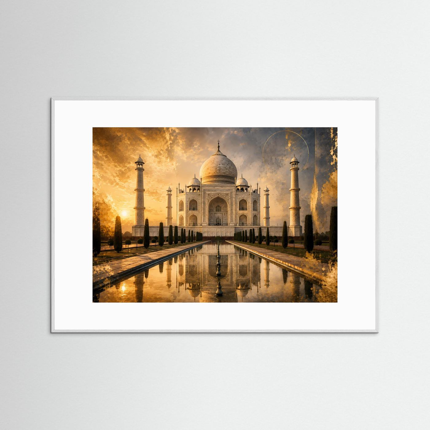 Querformat-Poster mit Taj Mahal im goldenen Licht, weißer Rahmen