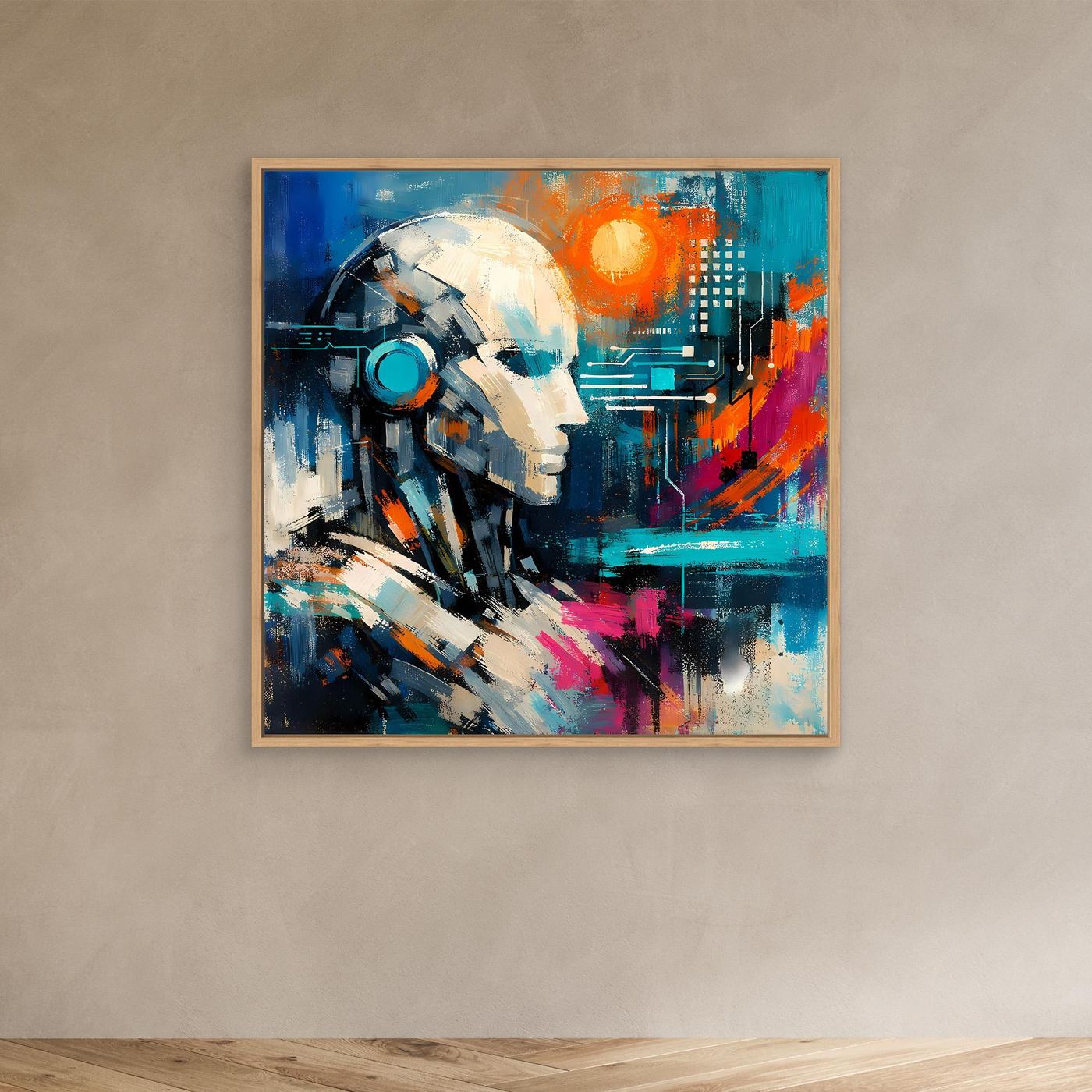 Abstract canvas print with oak frame: robotic face, blue digital art with orange glow