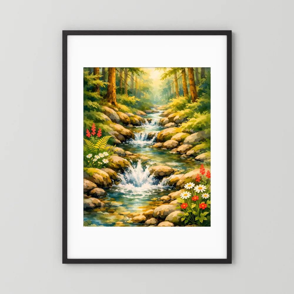 Wasserfall-Wandposter mit Bachlauf im Wald, Steinen und Blumen, schwarzer Rahmen