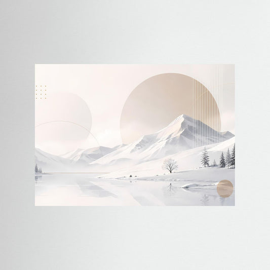 Poster im Querformat mit winterlicher Berglandschaft in Weiß und Beige, abstrakte Formen