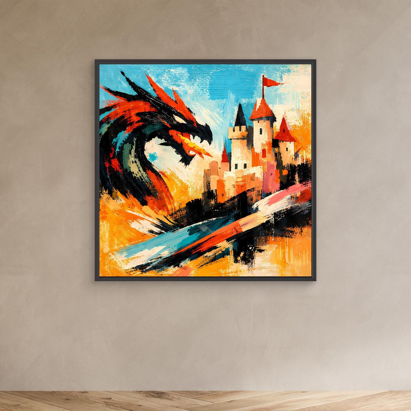 Leinwand Mythischer Drache vor dem Königsschloss | Abstraktes Fantasy Wandbild