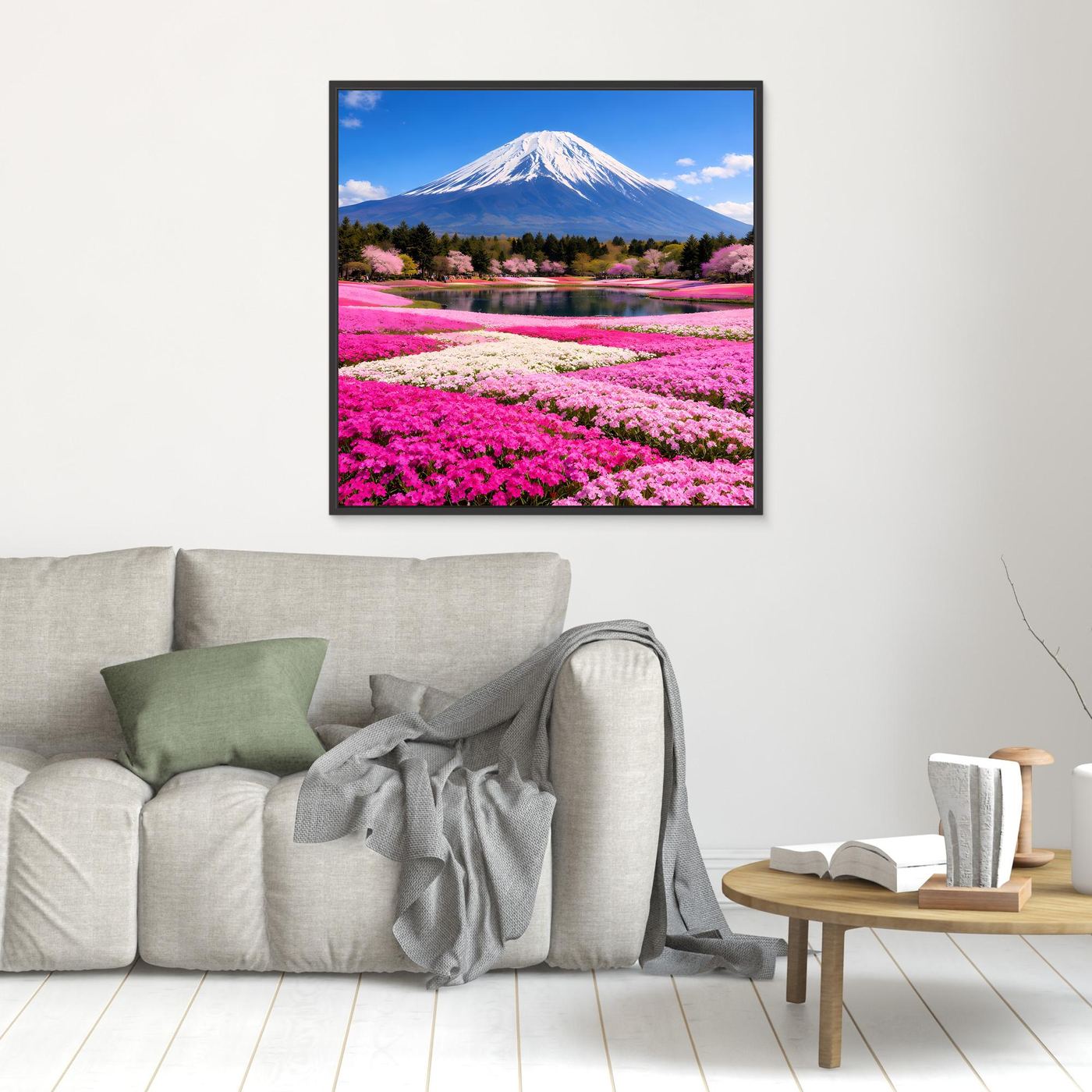 Leinwandbild mit Berg Fuji und pinken Kirschblüten am See, schwarzer Rahmen