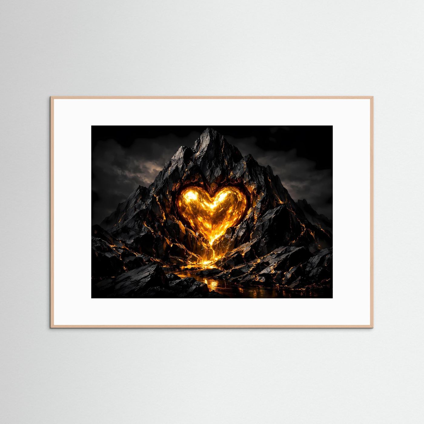 Glühendes Vulkanherz im Fels massiv | Feurige Magma Kunst & Herz Wandbild Querformat