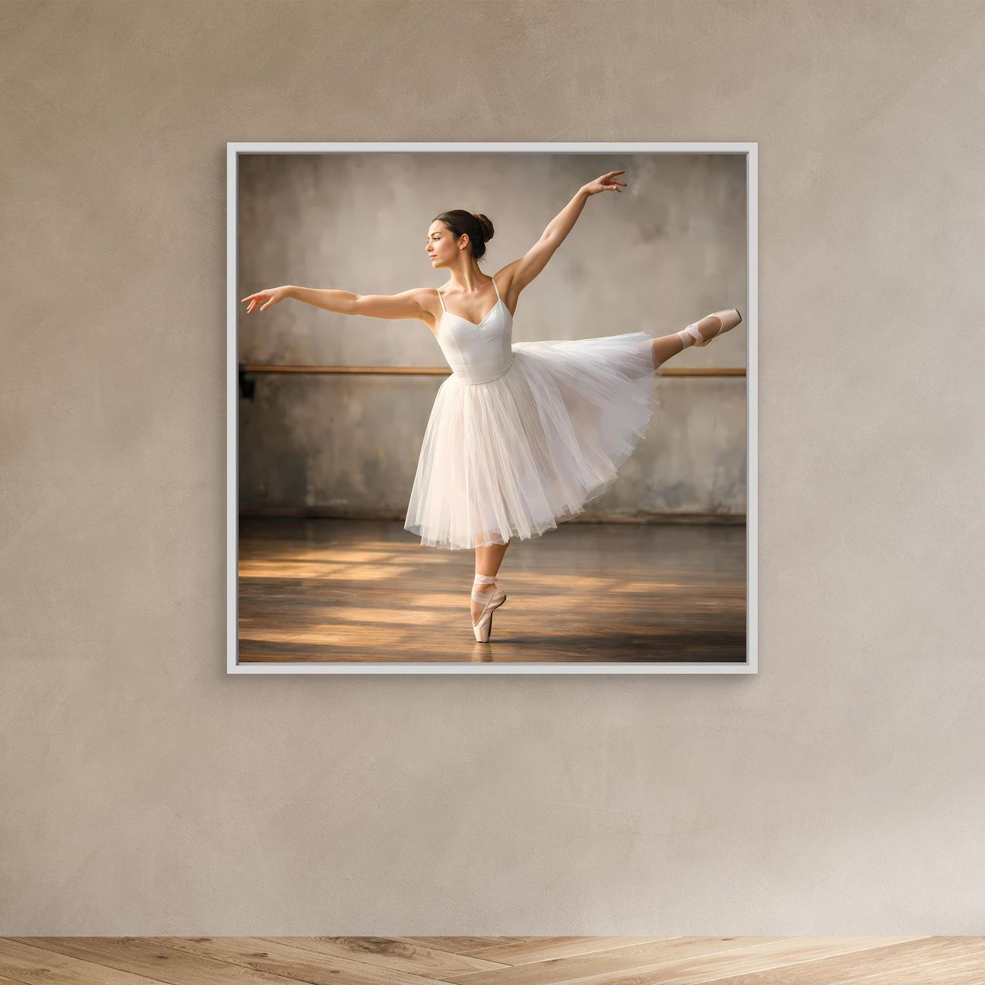 Ballett-Leinwandbild mit Ballerina im weißen Tutu, silbergrauer Rahmen