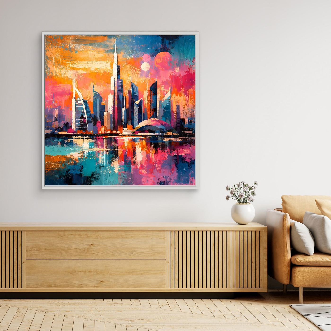 Buntes abstraktes Skyline-Wandbild mit Burj Khalifa, schwarzer Rahmen und reflektiertes Wasser