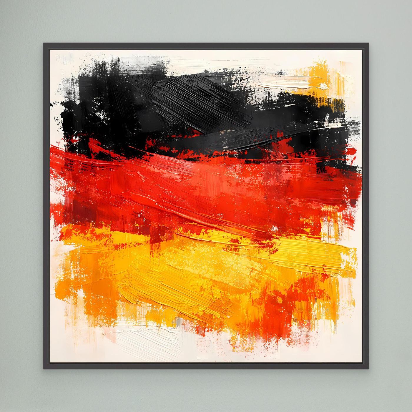 Abstract canvas wall art with black, red, and yellow brushstrokes in a black frame