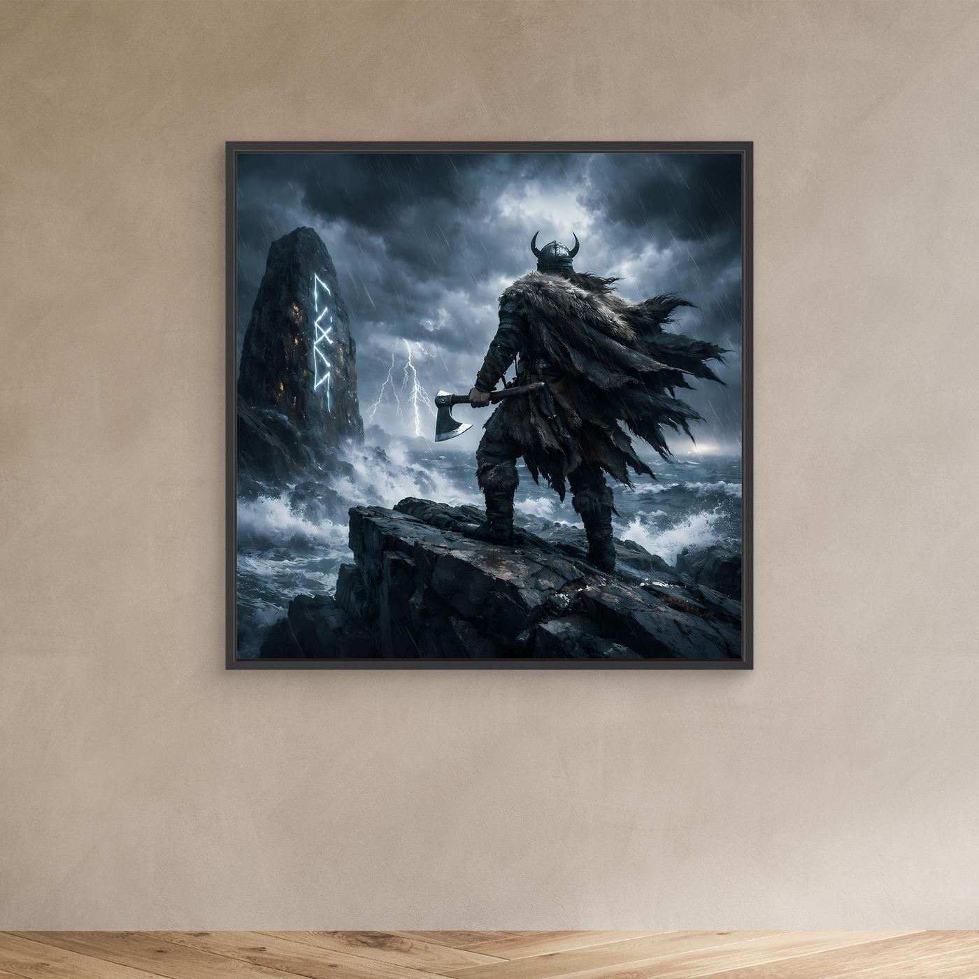 Leinwand Mystischer Wikinger am Runenstein | Abstraktes Nordisches Gewitter Wandbild