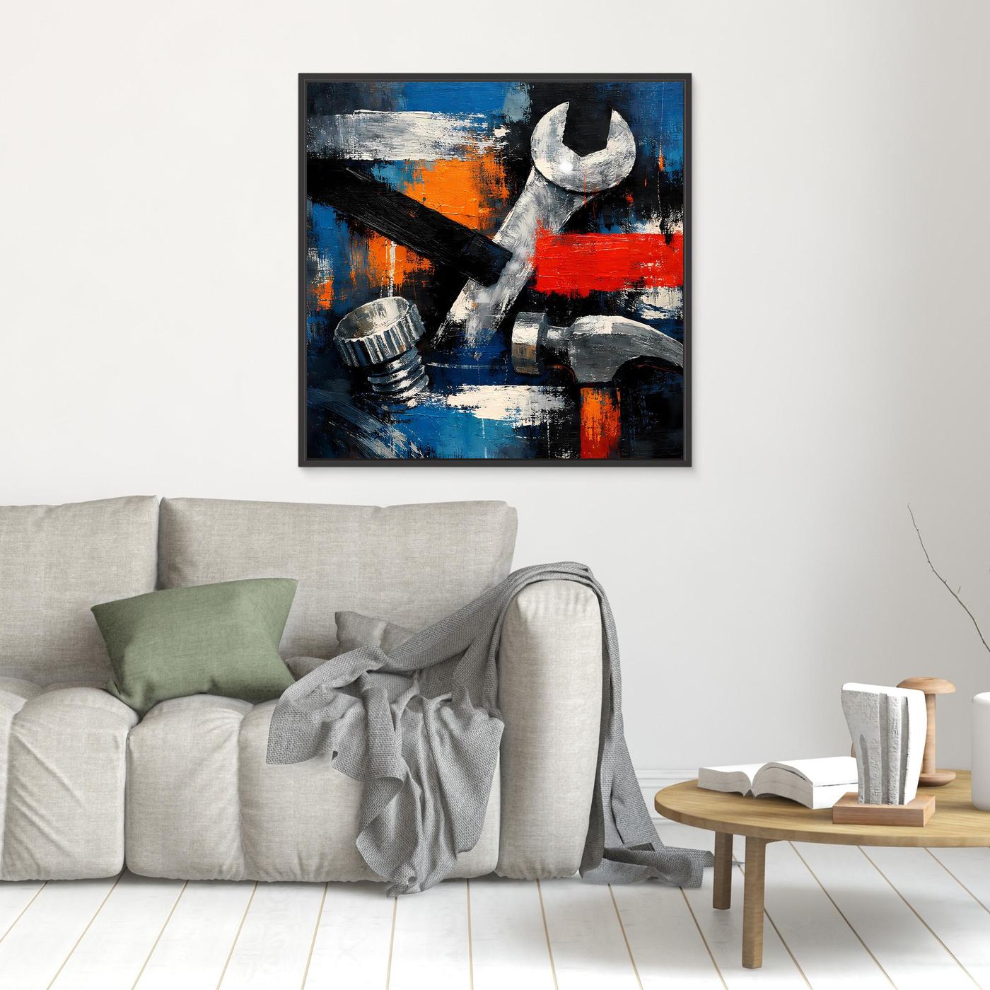 Small framed abstract tool wall art canvas with wrench and tools in blue, orange, and red.