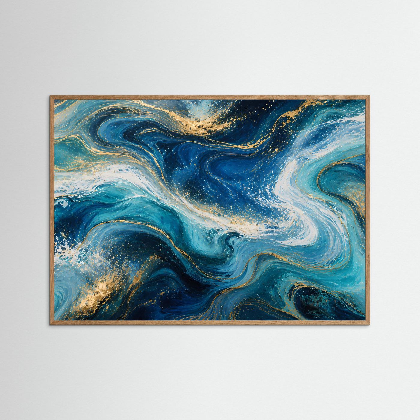 Abstrakte Meereswellen Poster | Ozean Wandbild in Blau Gold | Moderne Fluid Art | Luxuriöse Küstenkunst | Leinwand Wohnzimmer